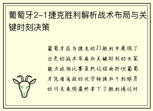 葡萄牙2-1捷克胜利解析战术布局与关键时刻决策