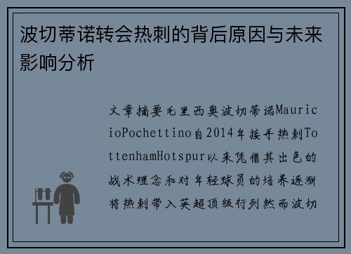 波切蒂诺转会热刺的背后原因与未来影响分析